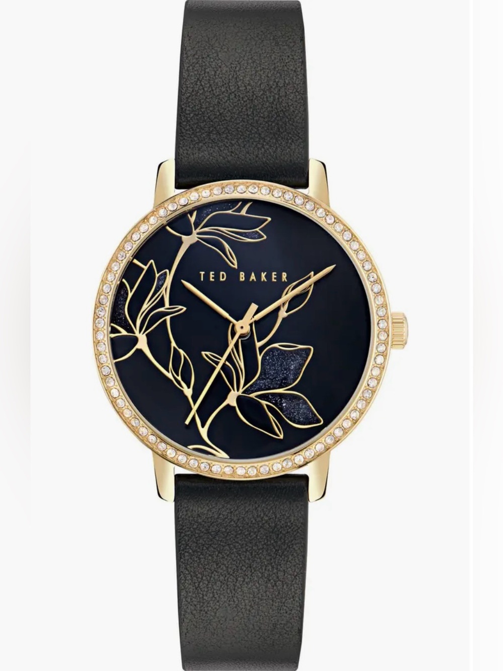 TED BAKER Floral Face Leather Strap Watch, 36mm Black/Gold